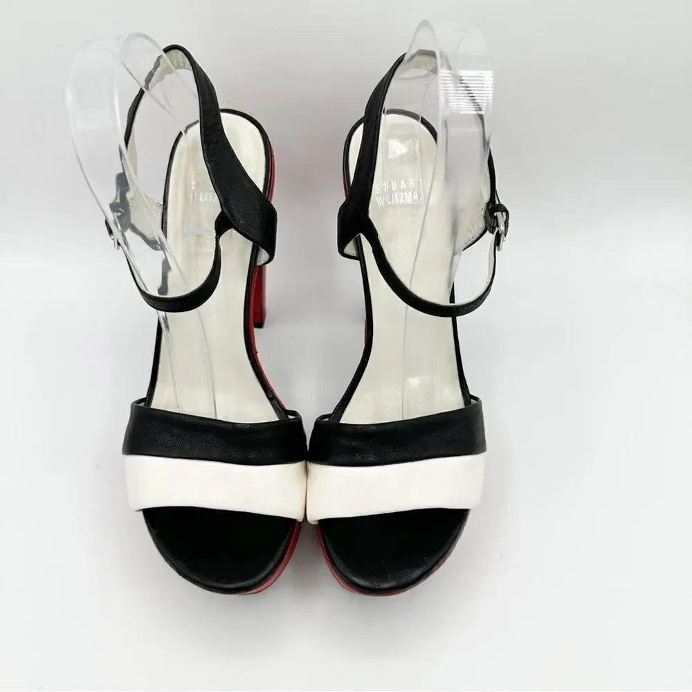Stuart Weizmann Black Red and White Wide Strap Platform Sandals with Ankle Strap